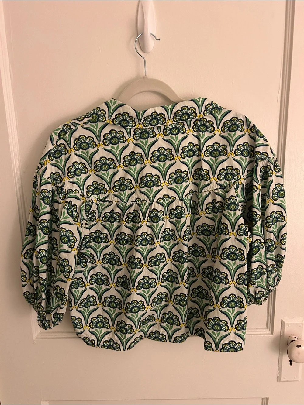 Anthropologie Green and White Floral Button-Up Puff Sleeve Top